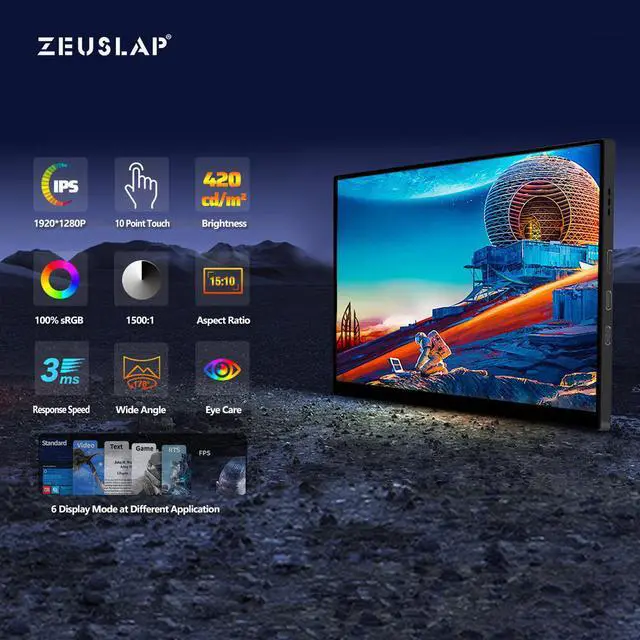 Alt view image 2 of 7 - ZEUSLAP Z10T 10.5 Inch Touchscreen Portable Monitor, 1280P FHD 100% sRGB IPS Screen Display Portable Sub Monitor for Office, School, Travel laptop mini pc computer Switch PS4 PS5 Raspberry Pi