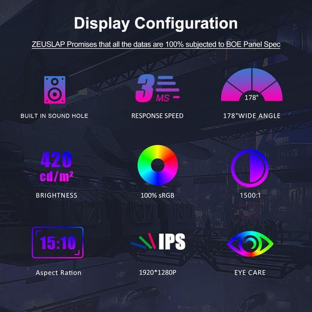 Alt view image 2 of 7 - ZEUSLAP Z10P 10.5 Inch Portable Monitor, Full HD 1280P 100% sRGB IPS Screen for PC, Laptop, Phone, Raspberry Pi, Graphic Card, Car Navigation etc.