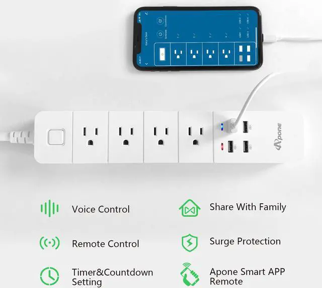 Alt view image 2 of 5 - Apone Smart Power Strip with USB Surge Protector Bar with 4 Smart Outlets and 4 USB Ports 6Ft Extension Cord,Works with Alexa and Google Home Timer & Schedule