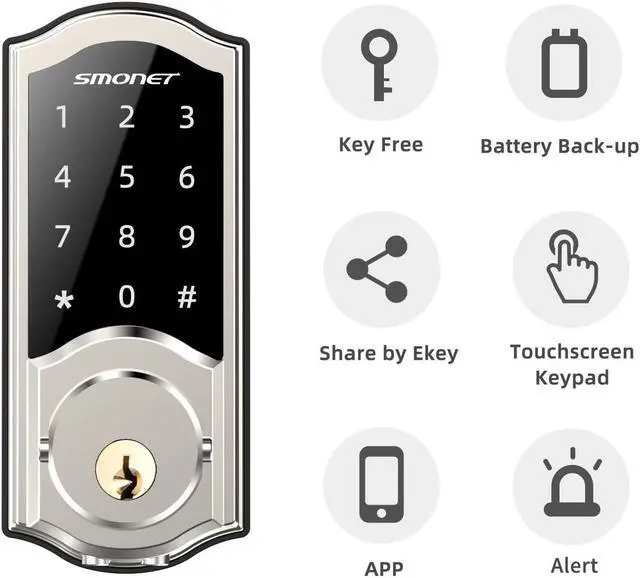 Alt view image 2 of 7 - Smart Deadbolt, SMONET Front Door Lock Keyless Entry, Bluetooth Electronic Touchscreen Keypad, Physical Keys, Auto Lock, Remote Control, Send eKey, Airbnb, Apartment