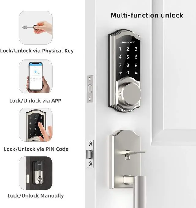 Alt view image 3 of 7 - Smart Deadbolt, SMONET Front Door Lock Keyless Entry, Bluetooth Electronic Touchscreen Keypad, Physical Keys, Auto Lock, Remote Control, Send eKey, Airbnb, Apartment