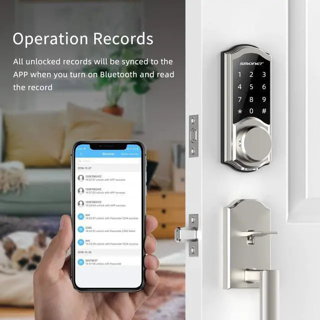 Alt view image 5 of 7 - Smart Deadbolt, SMONET Front Door Lock Keyless Entry, Bluetooth Electronic Touchscreen Keypad, Physical Keys, Auto Lock, Remote Control, Send eKey, Airbnb, Apartment