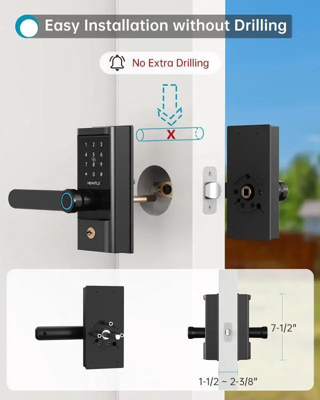 Alt view image 5 of 7 - Keyless Entry Door Lock, HEANTLE Smart Lock Fingerprint Deadbolt Alternative Electronic Bluetooth Code Lever for Front Door Touchscreen Digital Keypads Handle Locks Works with Alexa Google Home Black