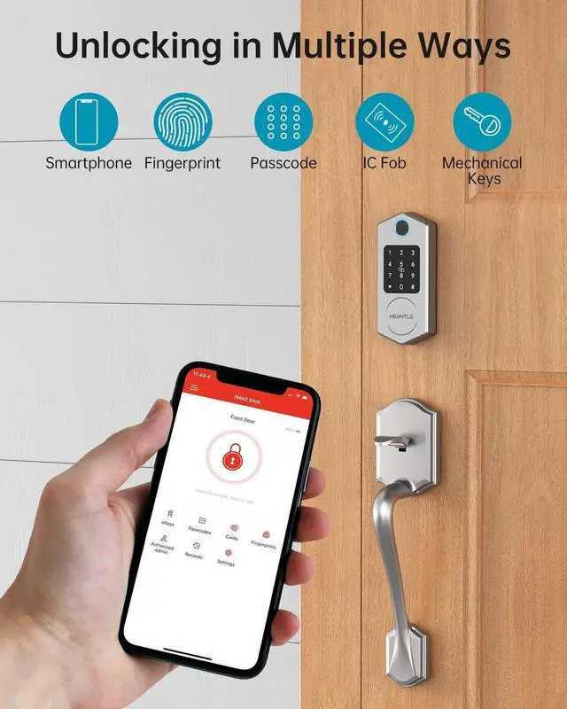 Alt view image 2 of 7 - Smart Lock, HEANTLE Fingerprint Digital Door Locks Keyless Entry for Front Door with Touchscreen Keypads and IC Fob Biometric Bluetooth Deadbolt App Control Works with Alexa, Google Assistant Silver