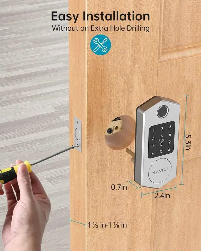 Alt view image 6 of 7 - Smart Lock, HEANTLE Fingerprint Digital Door Locks Keyless Entry for Front Door with Touchscreen Keypads and IC Fob Biometric Bluetooth Deadbolt App Control Works with Alexa, Google Assistant Silver