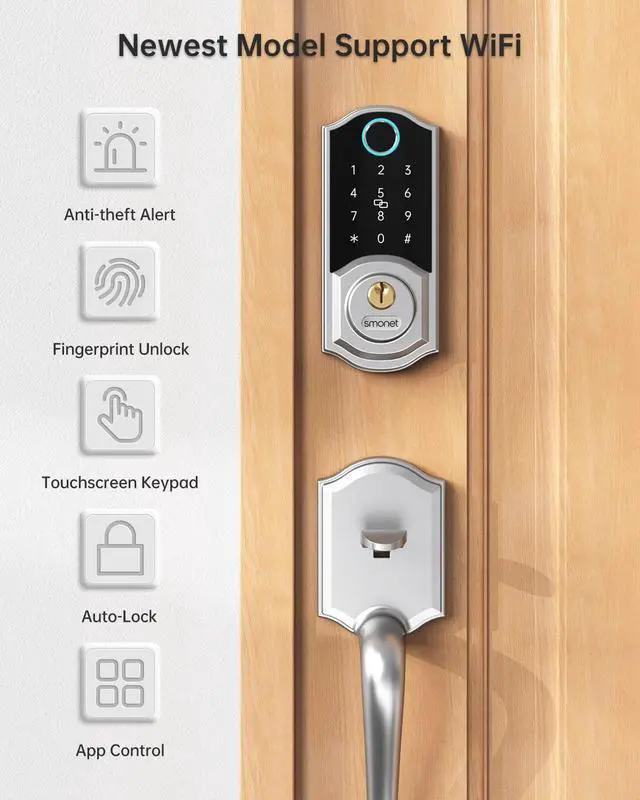 Alt view image 4 of 7 - WiFi Door Lock, SMONET Keyless Entry Door Lock, Fingerprint Smart Door Lock with Keypad, Electronic Deadbolt Door Lock for Wooden Doors, Compatible with Alexa and Google Home, Auto Lock, Ekey, FOB