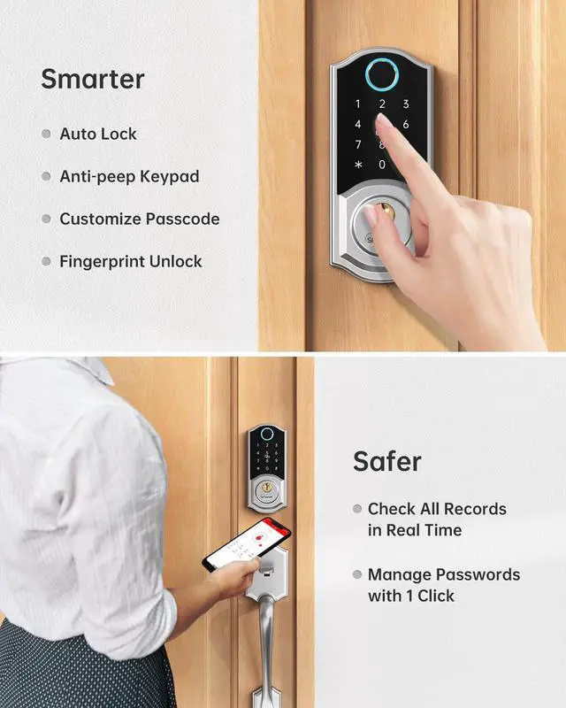 Alt view image 5 of 7 - WiFi Door Lock, SMONET Keyless Entry Door Lock, Fingerprint Smart Door Lock with Keypad, Electronic Deadbolt Door Lock for Wooden Doors, Compatible with Alexa and Google Home, Auto Lock, Ekey, FOB