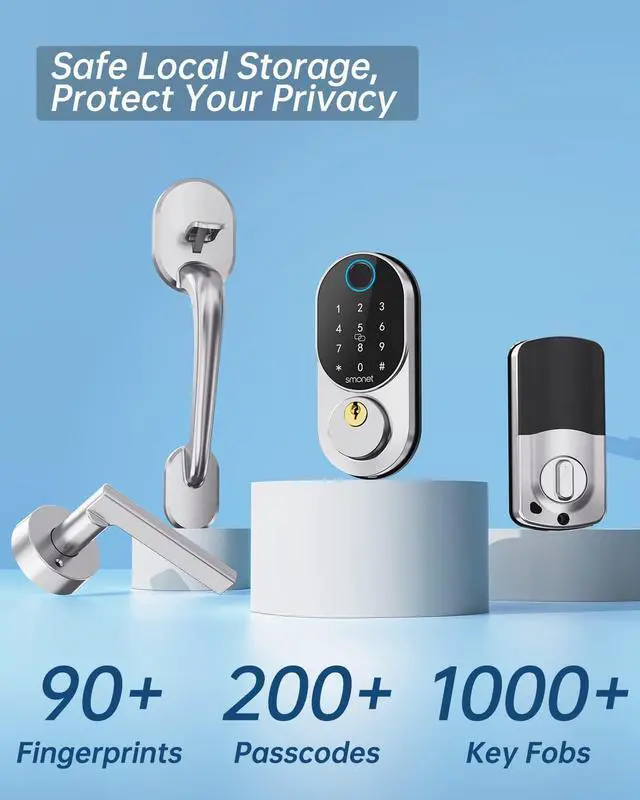 Alt view image 2 of 7 - Fingerprint keypad Door Lock with Handle, SMONET Keyless Entry Front Door Handle Set with Deadbolt Auto Lock,Electronic Biometric Digital Locks with Code,Fobs,Key,Security Home Combination Lock