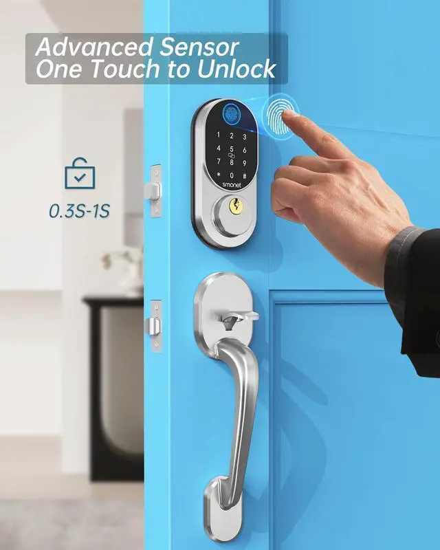 Alt view image 4 of 7 - Fingerprint keypad Door Lock with Handle, SMONET Keyless Entry Front Door Handle Set with Deadbolt Auto Lock,Electronic Biometric Digital Locks with Code,Fobs,Key,Security Home Combination Lock