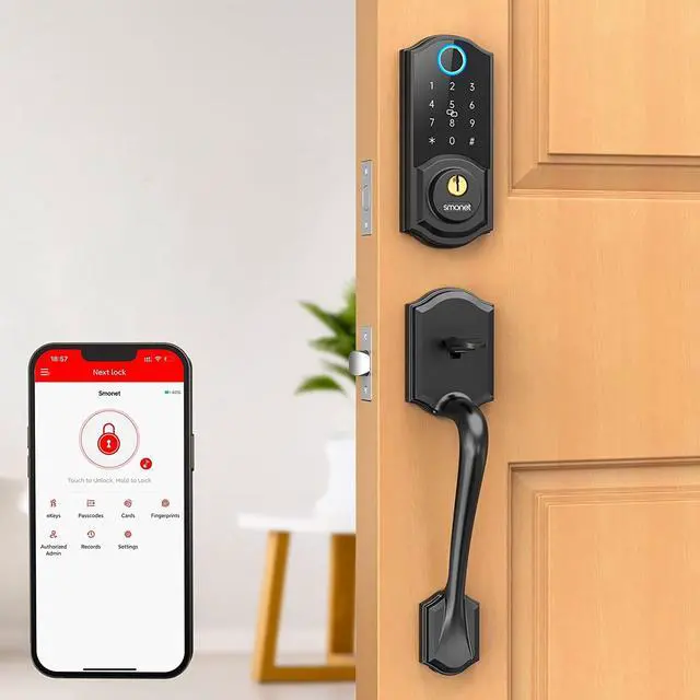 Alt view image 2 of 7 - Smart Locks for Front Door, SMONET Keyless Entry Door Lock with Handle, Front Door Lock Set Fingerprint Deadbolt Bluetooth Electronic Digital Keypad, Auto Lock Work with Alexa, Easy to Install, Black