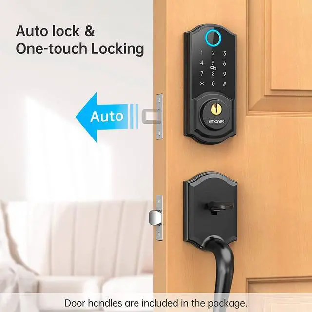 Alt view image 6 of 7 - Smart Locks for Front Door, SMONET Keyless Entry Door Lock with Handle, Front Door Lock Set Fingerprint Deadbolt Bluetooth Electronic Digital Keypad, Auto Lock Work with Alexa, Easy to Install, Black
