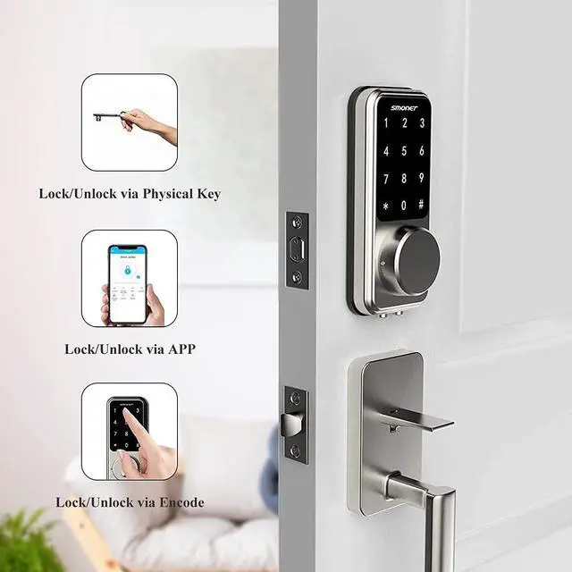Alt view image 3 of 7 - Smart Lock SMONET Keyless Entry Door Lock - Remote Lock/Unlock, Voice Control, Touchscreen Keypad Deadbolt, Bluetooth Connectivity, Code Access, Easy Installation for Home and Office Security
