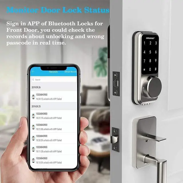 Alt view image 4 of 7 - Smart Lock SMONET Keyless Entry Door Lock - Remote Lock/Unlock, Voice Control, Touchscreen Keypad Deadbolt, Bluetooth Connectivity, Code Access, Easy Installation for Home and Office Security