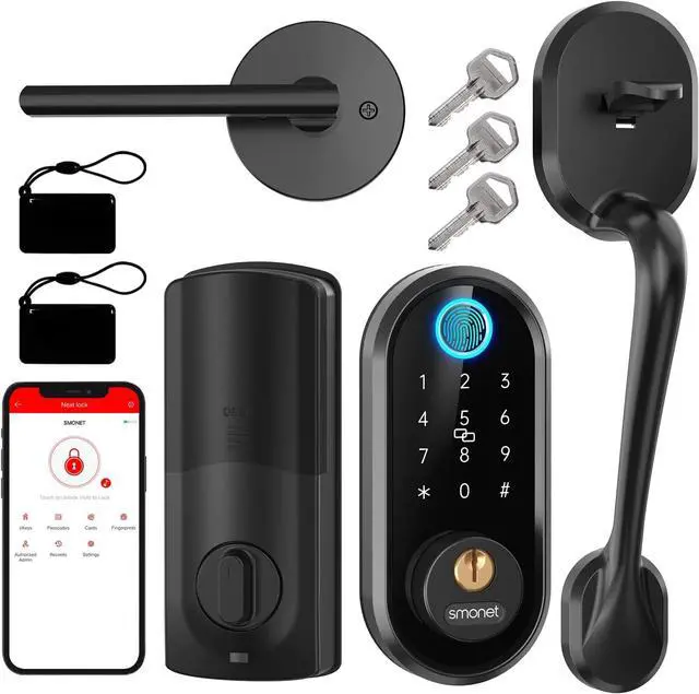 Main image of Smart Locks for Front Door, SMONET Front Door Lock Set Keyless Entry with Handle, Bluetooth Electronic Fingerprint Deadbolt Digital Keypad Door Lock Auto Lock Work with Alexa, Easy to Install
