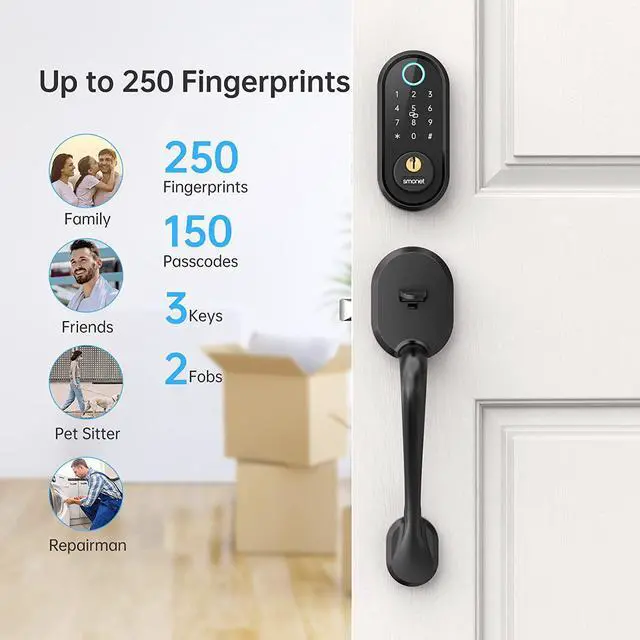 Alt view image 3 of 7 - Smart Locks for Front Door, SMONET Front Door Lock Set Keyless Entry with Handle, Bluetooth Electronic Fingerprint Deadbolt Digital Keypad Door Lock Auto Lock Work with Alexa, Easy to Install