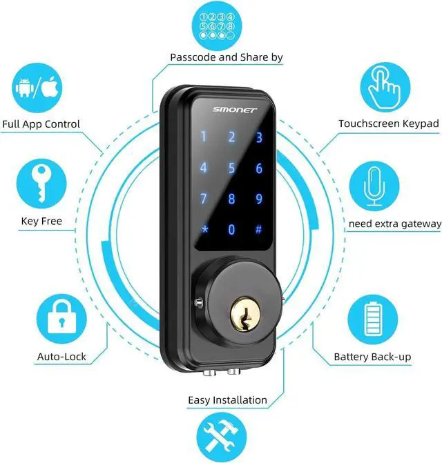 Alt view image 2 of 7 - Smart Front Door Lock Set, SMONET Keyless Entry Door Lock Deadbolt with Handle Electronic Keypad Deadbolt with Handle Digital Door Lock Smart Door Lock with Bluetooth Smart Deadbolt Lock