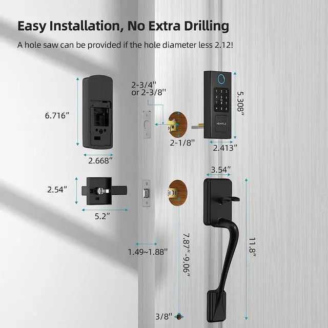 Alt view image 7 of 7 - Smart Lock Front Door, HEANTLE Smart Door Lock Set, Electronic Keypad Smart Fingerprint Deadbolt Lock, Keyless Entry Door Lock with Handle, Digital Lock Alexa/Bluetooth APP/Keyfob/Auto Lock Black