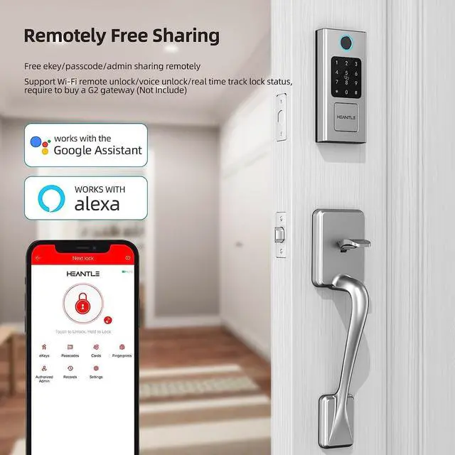 Alt view image 5 of 7 - Keyless Entry Door Lock with Handle, HEANTLE Smart Front Door Lock Set, Electronic Keypad Smart Fingerprint Deadbolt Lock, Alexa Smart Door Lock, Digital Lock Bluetooth APP/Fobs Auto Lock Silver