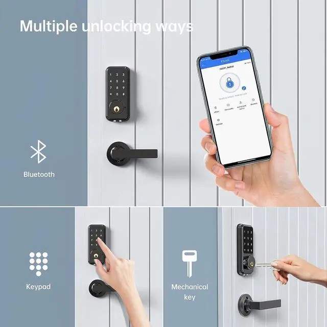 Alt view image 3 of 7 - Smart Front Door Lock Set - Smart Lock Keyless Entry Door Lock with Touchscreen Keypads Bluetooth Electronic Deadbolt Lock with Lever Handles with App,Keys,Key Fobs for Apartment Office,Airbnb,House