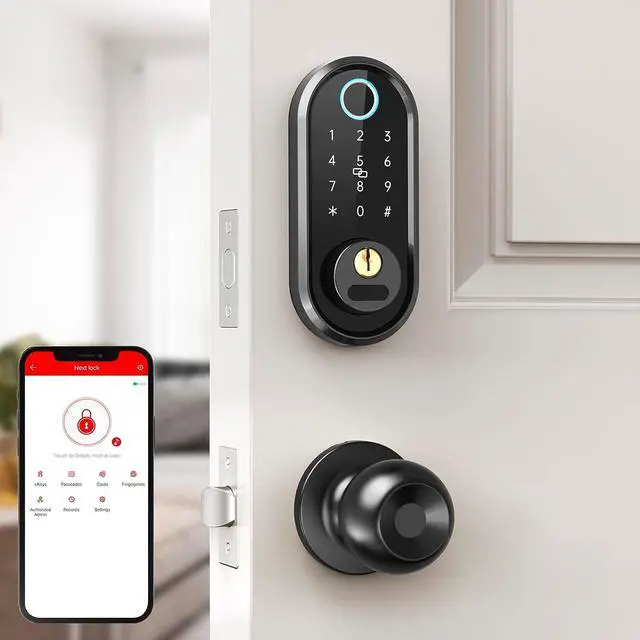 Main image of Keyless Entry Door Lock with Handle - Smart Deadbolt Electronic Keypad Door Knob Set for Front Door Auto Lock Digital Biometric Fingerprint Smartphone App Control Key Fob smartlock Exterior