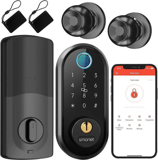 Alt view image 2 of 7 - Keyless Entry Door Lock with Handle - Smart Deadbolt Electronic Keypad Door Knob Set for Front Door Auto Lock Digital Biometric Fingerprint Smartphone App Control Key Fob smartlock Exterior