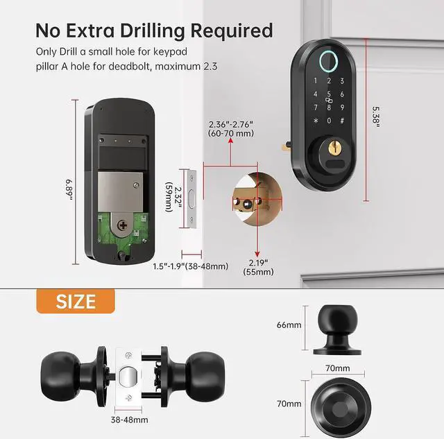 Alt view image 7 of 7 - Keyless Entry Door Lock with Handle - Smart Deadbolt Electronic Keypad Door Knob Set for Front Door Auto Lock Digital Biometric Fingerprint Smartphone App Control Key Fob smartlock Exterior