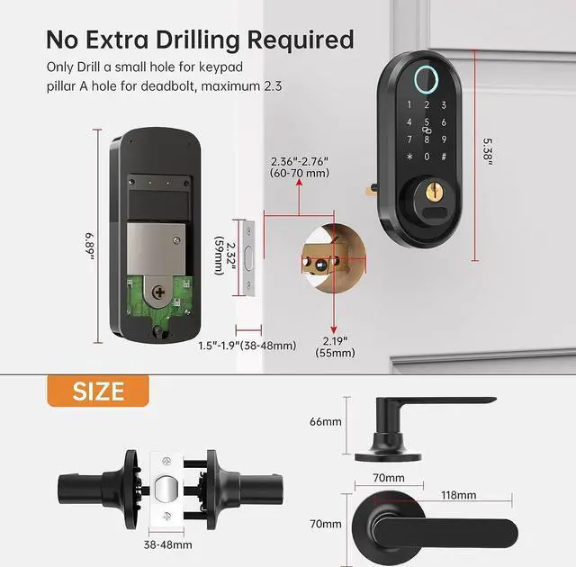 Alt view image 7 of 7 - Smart Deadbolt, Keyless Entry Door Lock with Handle Set for Front Door - Biometrics Fingerprint Electronic Bluetooth Digital Keypads Auto Lock Fobs, Smartlock Code Door Lever for Exterior