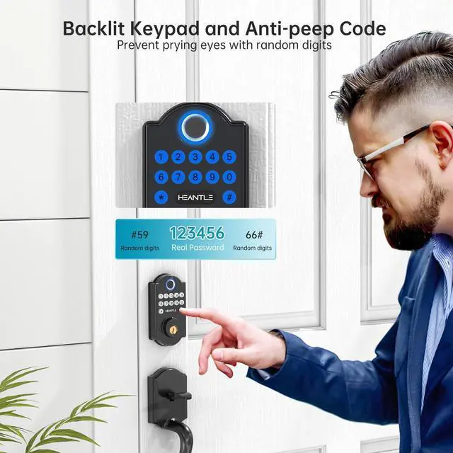 Alt view image 6 of 7 - Front Door Lock Set, HEANTLE Keyless Entry Door Locks with Keypads, Smart Locks for Front Door with Handle, Electronic Fingerprint Digital Deadbolt, Auto Lock, Customized Passcode for Home, Apartment