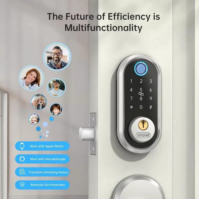 Alt view image 6 of 7 - Smart Front Door Lock Set - SMONET Fingerprint Lock Keypad Front Door Lock with Handle Keyless Entry Door Lock Electronic Touchscreen Keypad Biometric Digital Bluetooth Deadbolt Work with Alexa Silver