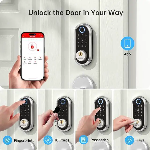 Alt view image 3 of 7 - Smart Front Door Lock Set - SMONET Fingerprint Lock Keypad Front Door Lock with Handle Keyless Entry Door Lock Electronic Touchscreen Keypad Biometric Digital Bluetooth Deadbolt Work with Alexa Silver