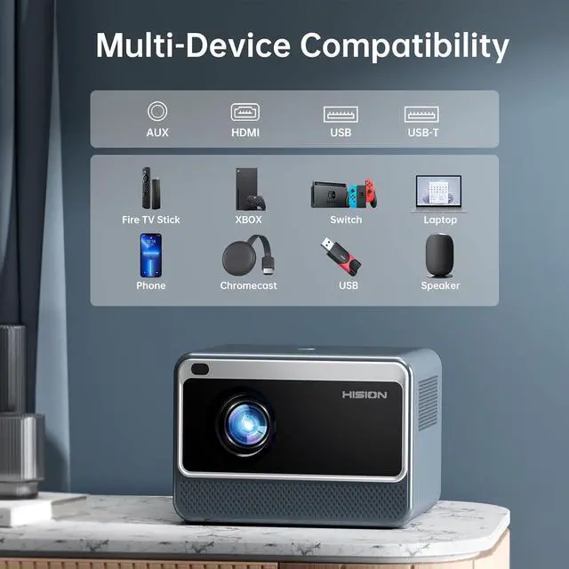 Alt view image 6 of 7 - Projector WiFi Bluetooth Mini Portable: HISION 1080P Full HD 4K Support Outdoor Home Theater Movie Video LED Wireless Indoor Electric Focus 13000 Lumen Compatible with Phone TV Stick PC USB HDMI