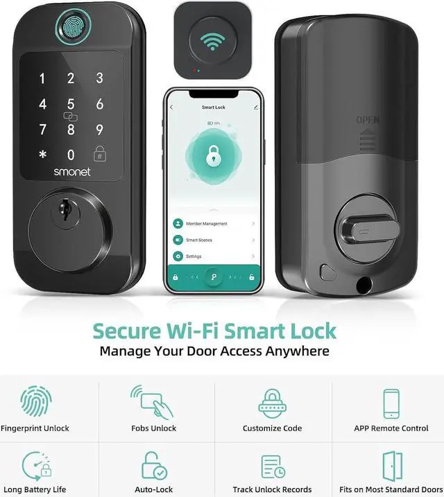 Alt view image 2 of 7 - WiFi Keyless Front Door Lock: SMONET Fingerprint Entry Smart Locks, App Remote Control for Rental, Digital Keypad Bluetooth Deadbolt Lock with Alexa Auto Lock Notification Code Fob for Home, Black