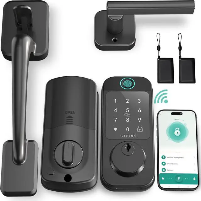 Main image of WiFi Front Door Lock Set - SMONET Fingerprint Keyless Entry Smart Locks Handle Set, Digital Remote Control Keypad Bluetooth Alexa Deadbolt Lockset with Auto Lock, Code, Fob, App for Rental,Black