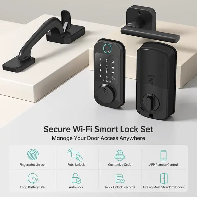 Alt view image 2 of 7 - WiFi Front Door Lock Set - SMONET Fingerprint Keyless Entry Smart Locks Handle Set, Digital Remote Control Keypad Bluetooth Alexa Deadbolt Lockset with Auto Lock, Code, Fob, App for Rental,Black