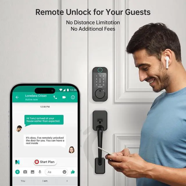Alt view image 3 of 7 - WiFi Front Door Lock Set - SMONET Fingerprint Keyless Entry Smart Locks Handle Set, Digital Remote Control Keypad Bluetooth Alexa Deadbolt Lockset with Auto Lock, Code, Fob, App for Rental,Black