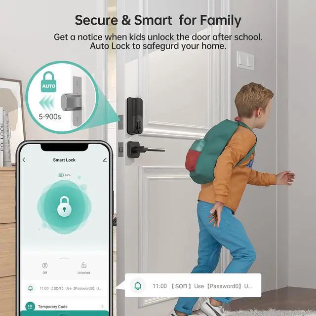 Alt view image 4 of 7 - WiFi Front Door Lock Set - SMONET Fingerprint Keyless Entry Smart Locks Handle Set, Digital Remote Control Keypad Bluetooth Alexa Deadbolt Lockset with Auto Lock, Code, Fob, App for Rental,Black