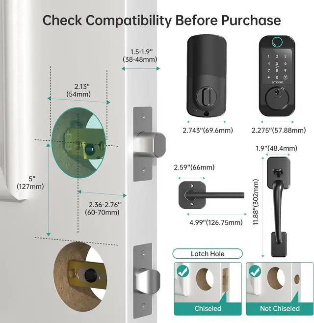 Alt view image 7 of 7 - WiFi Front Door Lock Set - SMONET Fingerprint Keyless Entry Smart Locks Handle Set, Digital Remote Control Keypad Bluetooth Alexa Deadbolt Lockset with Auto Lock, Code, Fob, App for Rental,Black