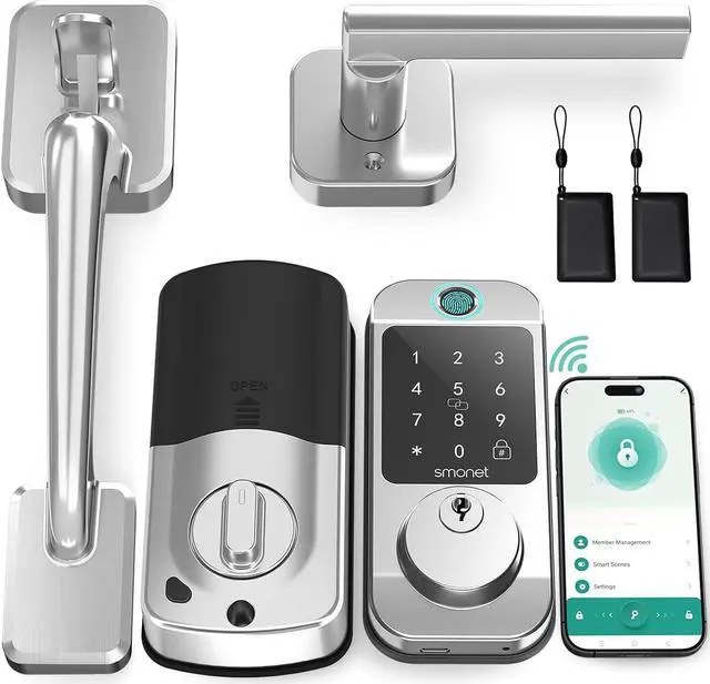 Main image of WiFi Front Door Lock Set - SMONET Fingerprint Keyless Entry Smart Locks Handle Set, Digital Remote Control Keypad Bluetooth Alexa Deadbolt Lockset with Auto Lock, Code, Fob, App for Rental,Black