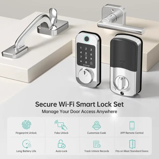 Alt view image 5 of 7 - WiFi Front Door Lock Set - SMONET Fingerprint Keyless Entry Smart Locks Handle Set, Digital Remote Control Keypad Bluetooth Alexa Deadbolt Lockset with Auto Lock, Code, Fob, App for Rental,Black