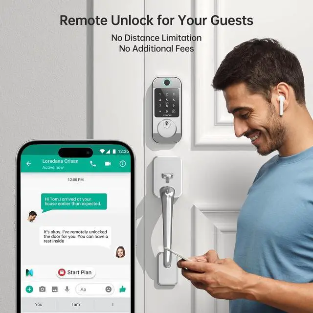 Alt view image 3 of 7 - WiFi Front Door Lock Set - SMONET Fingerprint Keyless Entry Smart Locks Handle Set, Digital Remote Control Keypad Bluetooth Alexa Deadbolt Lockset with Auto Lock, Code, Fob, App for Rental,Black