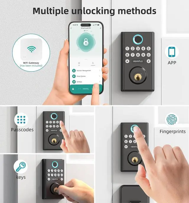 Alt view image 3 of 7 - WiFi Front Door Lock with Handle HEANTLE Keyless Smart Lock Set Entry Door Locks Keypad Fingerprint Deadbolt Handleset Alexa Compatible Auto Lock App Remote Control