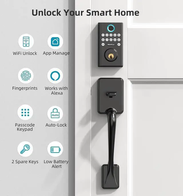 Alt view image 7 of 7 - WiFi Front Door Lock with Handle HEANTLE Keyless Smart Lock Set Entry Door Locks Keypad Fingerprint Deadbolt Handleset Alexa Compatible Auto Lock App Remote Control