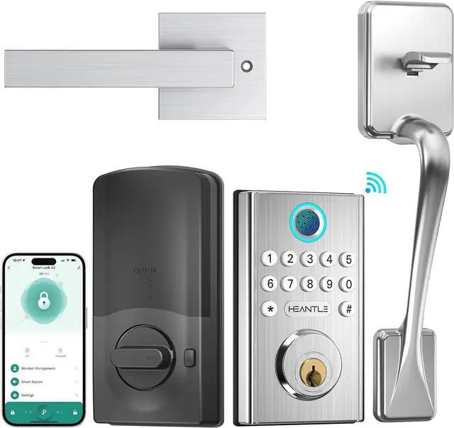 Main image of WiFi Smart Door Lock Set HEANTLE Keyless Entry Door Lock with Handle Fingerprint Deadbolt Electronic Digital Keypad Door Lock Alexa Lock Auto Lock App Remote Control Silver