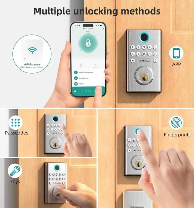 Alt view image 3 of 7 - WiFi Smart Door Lock Set HEANTLE Keyless Entry Door Lock with Handle Fingerprint Deadbolt Electronic Digital Keypad Door Lock Alexa Lock Auto Lock App Remote Control Silver