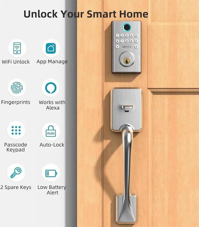 Alt view image 7 of 7 - WiFi Smart Door Lock Set HEANTLE Keyless Entry Door Lock with Handle Fingerprint Deadbolt Electronic Digital Keypad Door Lock Alexa Lock Auto Lock App Remote Control Silver