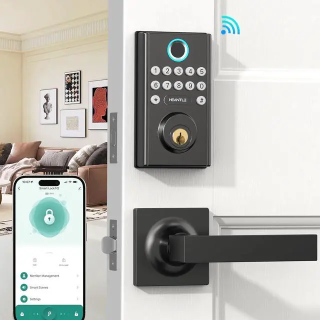 Main image of WiFi Front Door Lock Set - HEANTLE Fingerprint Keyless Entry Door Lock with Deadbolt Lever Handleset Keypad Smart Locks Deadbolt Lockset APP Remote WiFi Control Alexa Voice Bluetooth Auto Lock BLACK