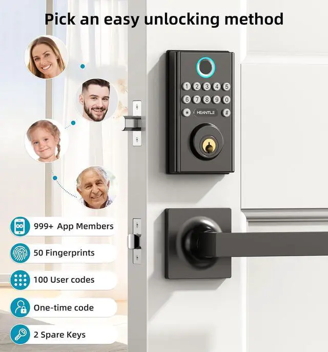 Alt view image 5 of 7 - WiFi Front Door Lock Set - HEANTLE Fingerprint Keyless Entry Door Lock with Deadbolt Lever Handleset Keypad Smart Locks Deadbolt Lockset APP Remote WiFi Control Alexa Voice Bluetooth Auto Lock BLACK