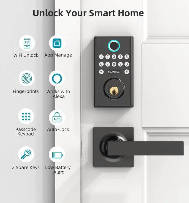 Alt view image 2 of 7 - WiFi Front Door Lock Set - HEANTLE Fingerprint Keyless Entry Door Lock with Deadbolt Lever Handleset Keypad Smart Locks Deadbolt Lockset APP Remote WiFi Control Alexa Voice Bluetooth Auto Lock BLACK
