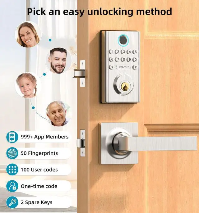 Alt view image 4 of 7 - WiFi Keyless Entry Door Lock - HEANTLE Smart Lock Handle Set with Keypad Front Door Smart Locks Electronic Deadbolt Digital Fingerprint Lock Bluetooth Alexa Auto Lock App WiFi Remote Control SILVER