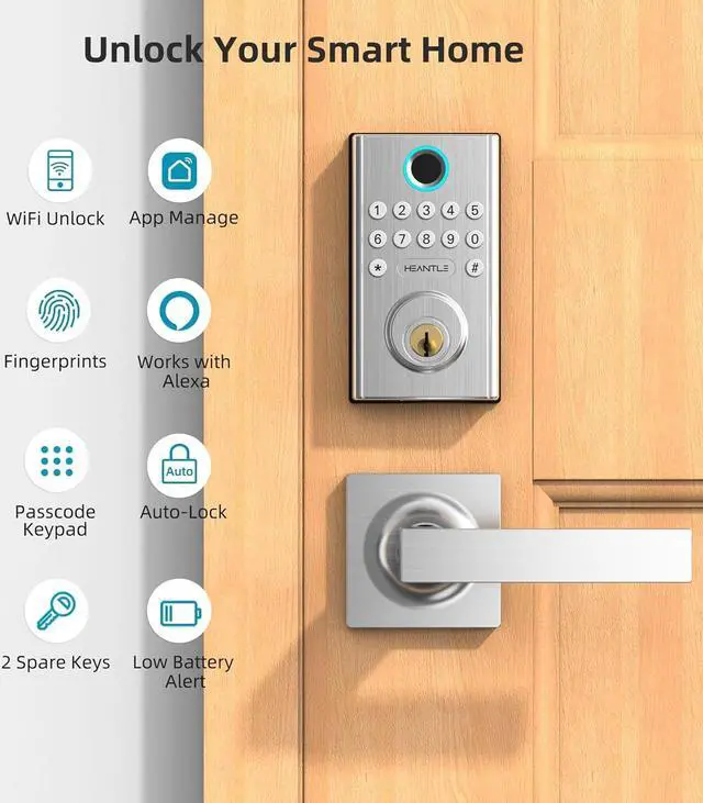 Alt view image 7 of 7 - WiFi Keyless Entry Door Lock - HEANTLE Smart Lock Handle Set with Keypad Front Door Smart Locks Electronic Deadbolt Digital Fingerprint Lock Bluetooth Alexa Auto Lock App WiFi Remote Control SILVER